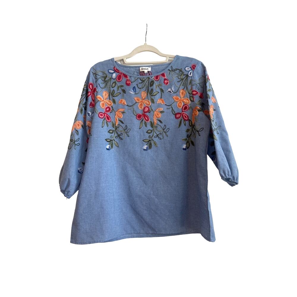 Kindred Blue Chambray Blouse with Multicolor Embroidered Floral Design